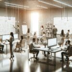 Personas colaborando en un espacio moderno de coworking, con pizarras y computadoras, ambiente tecnológico.