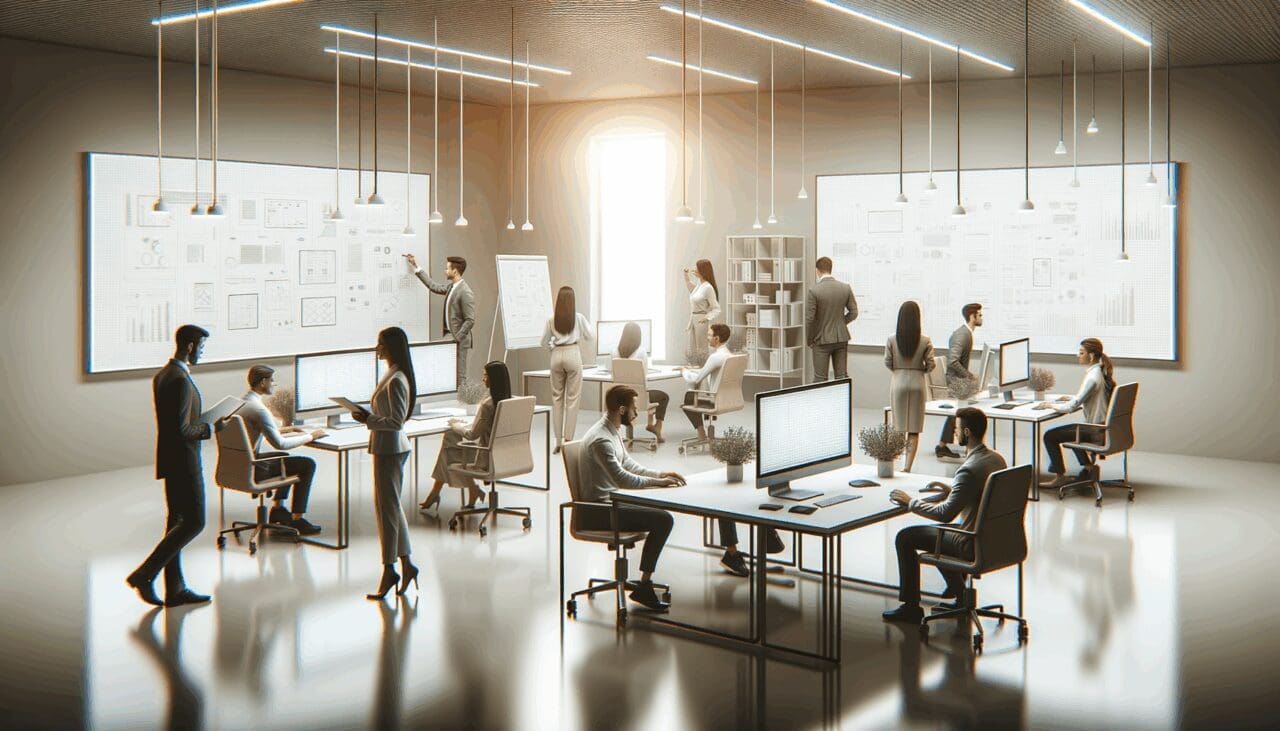 Personas colaborando en un espacio moderno de coworking, con pizarras y computadoras, ambiente tecnológico.