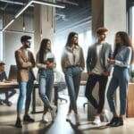 Jóvenes profesionales colaborando en un espacio de coworking tecnológico moderno.