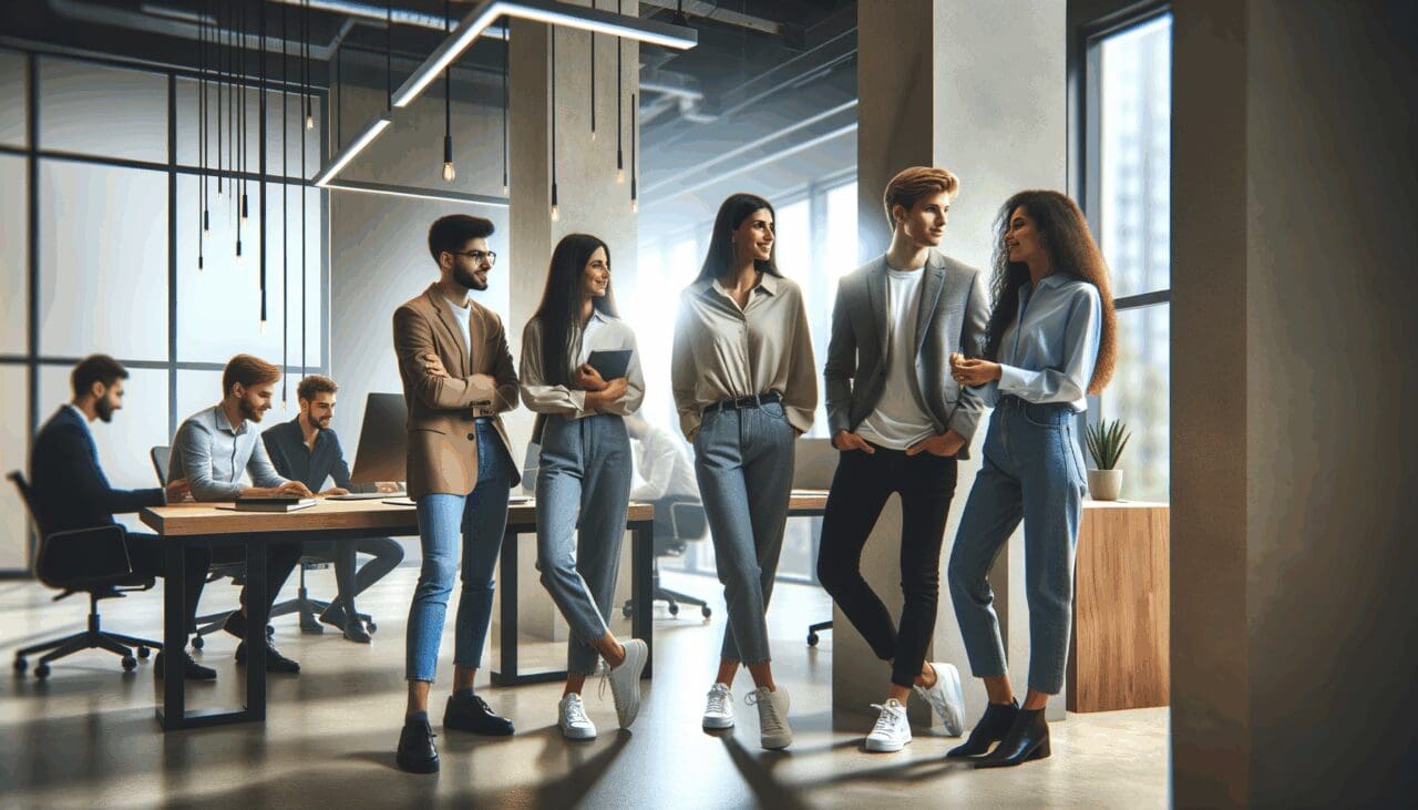 Jóvenes profesionales colaborando en un espacio de coworking tecnológico moderno.