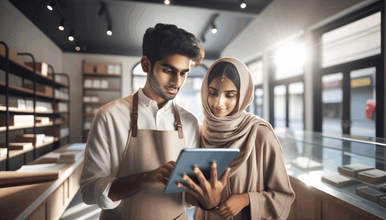 Dos jóvenes empresarios revisando datos en una tableta digital dentro de una tienda local, ambiente moderno y luminoso.