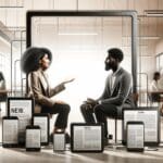 Dos personas dialogando en un espacio de coworking moderno, con dispositivos digitales y ambiente profesional.