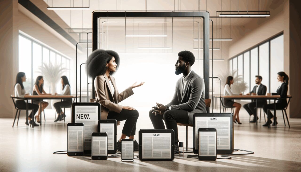 Dos personas dialogando en un espacio de coworking moderno, con dispositivos digitales y ambiente profesional.