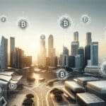 Iconos digitales de criptomonedas flotando sobre una ciudad moderna al atardecer, estilo limpio y profesional.