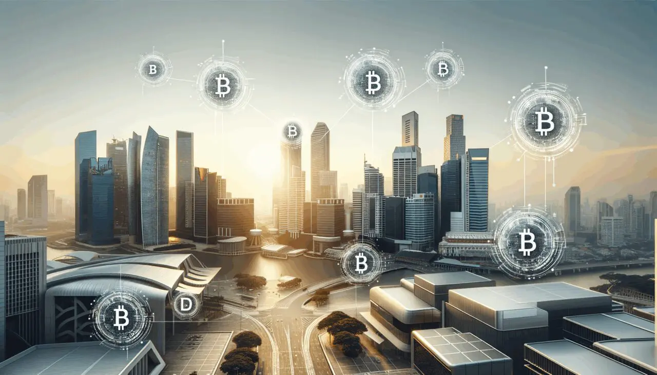 Iconos digitales de criptomonedas flotando sobre una ciudad moderna al atardecer, estilo limpio y profesional.