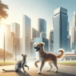 Perro y gato jugando en un parque con fondo de ciudad moderna