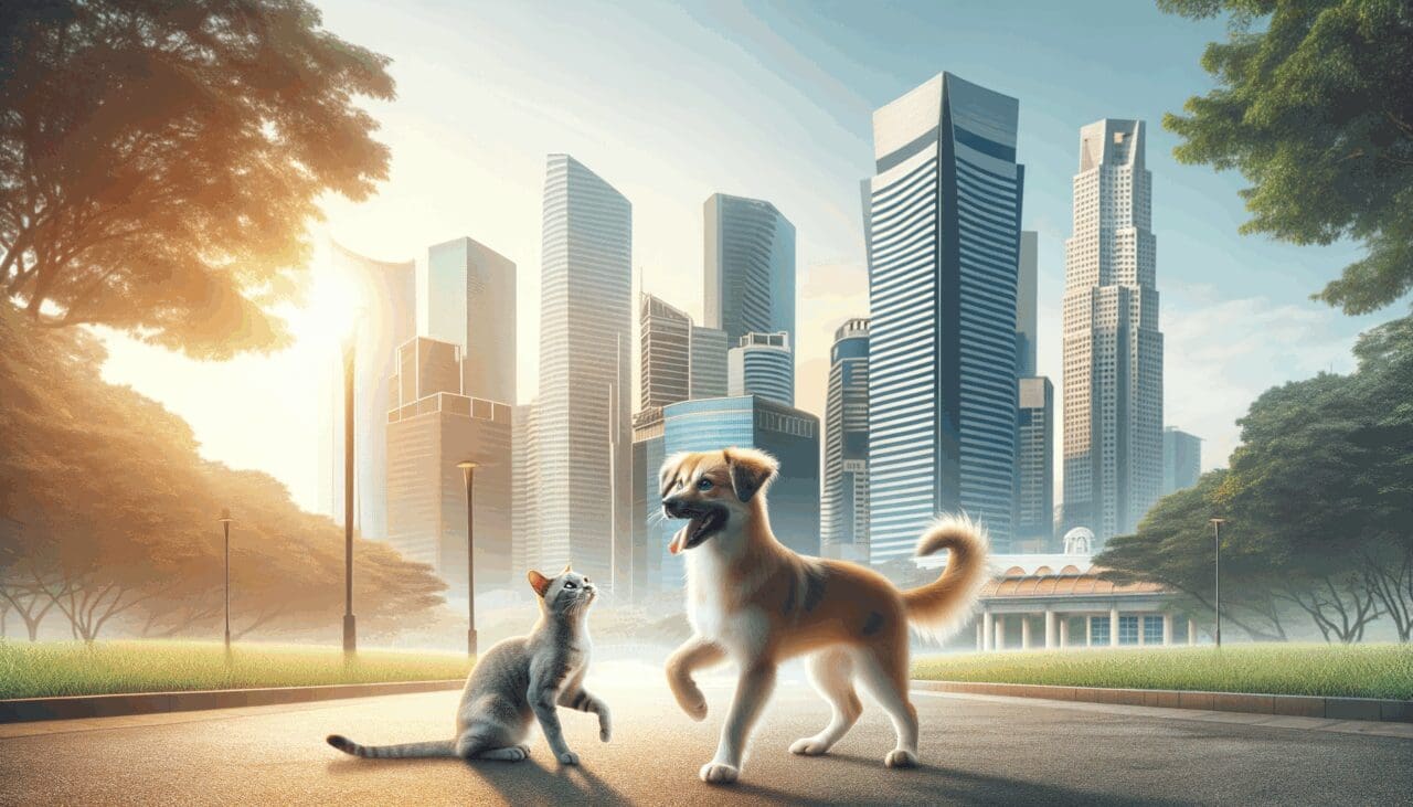 Perro y gato jugando en un parque con fondo de ciudad moderna