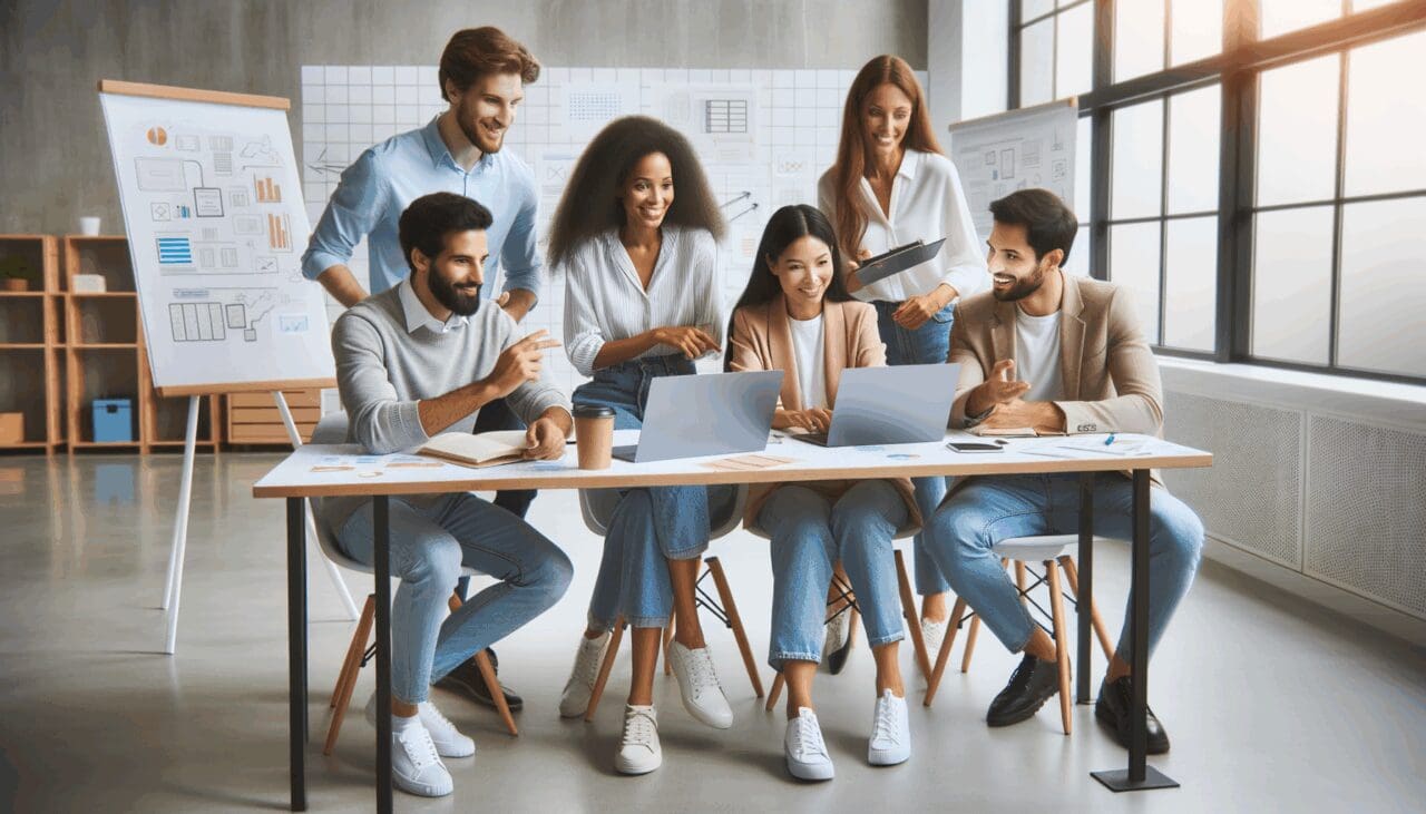 Emprendedores colaborando en un espacio de coworking moderno, con pizarras y ordenadores portátiles.