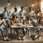 Personas jóvenes conversando en un espacio de coworking moderno, con laptops y pizarras.