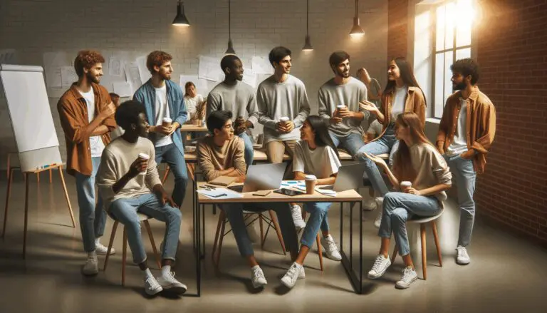 Personas jóvenes conversando en un espacio de coworking moderno, con laptops y pizarras.