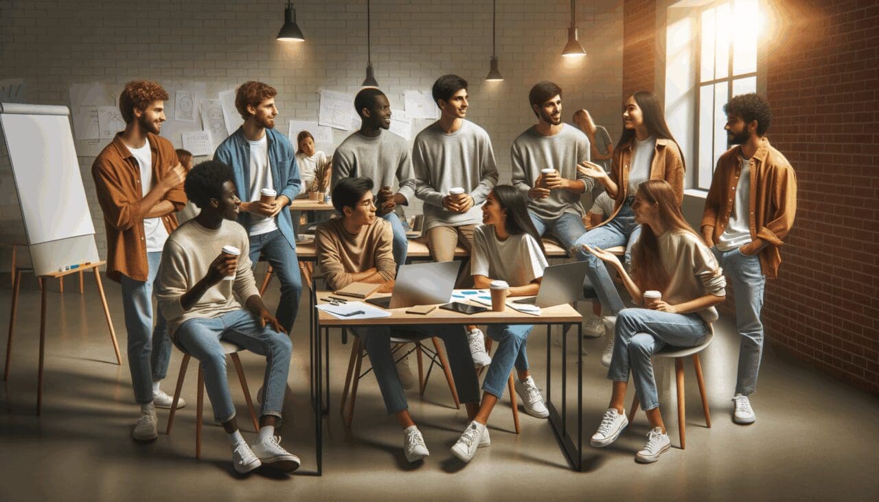 Personas jóvenes conversando en un espacio de coworking moderno, con laptops y pizarras.