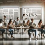 Espacio colaborativo moderno donde jóvenes emprendedores trabajan frente a laptops entre pantallas digitales.