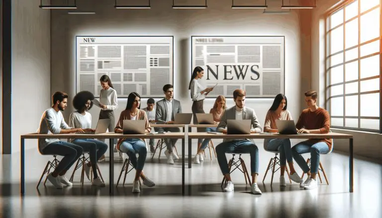 Espacio colaborativo moderno donde jóvenes emprendedores trabajan frente a laptops entre pantallas digitales.