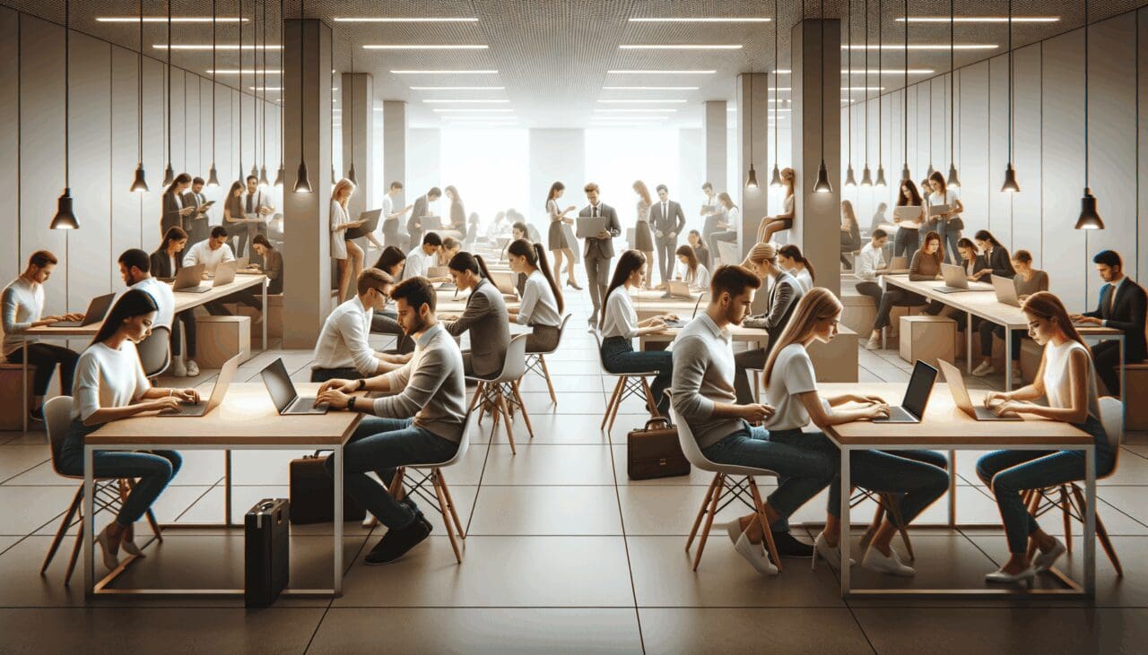 Espacio de coworking tecnológicamente avanzado con jóvenes trabajando en computadoras portátiles.