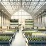 Fotografía de un invernadero moderno con filas de plantas y sensores tecnológicos.