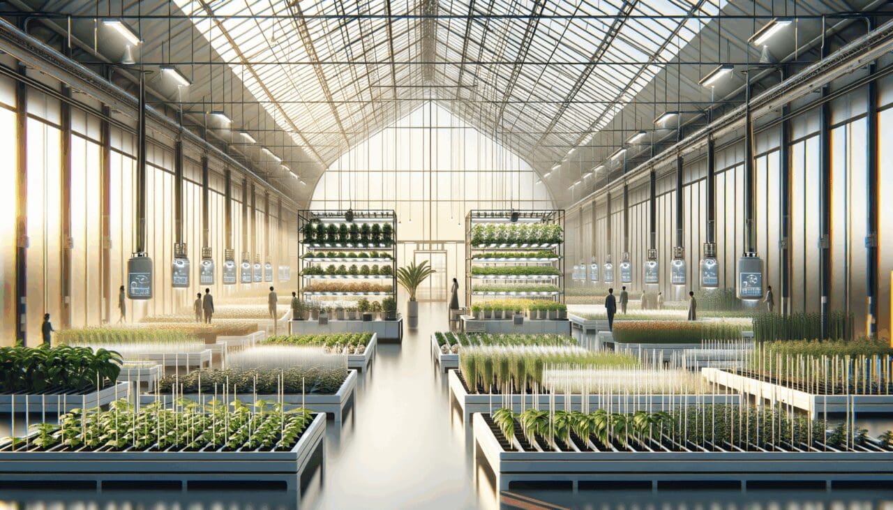 Fotografía de un invernadero moderno con filas de plantas y sensores tecnológicos.