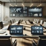 Mesa de trabajo con laptops y pantallas mostrando gráficos digitales en un entorno moderno de oficina.