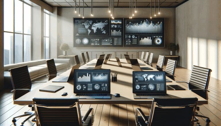 Mesa de trabajo con laptops y pantallas mostrando gráficos digitales en un entorno moderno de oficina.