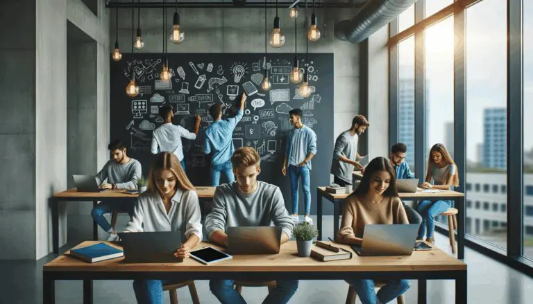 Personas jóvenes colaborando en un moderno espacio de coworking, laptops y pizarras con ideas, ambiente tecnológico y colaborativo.