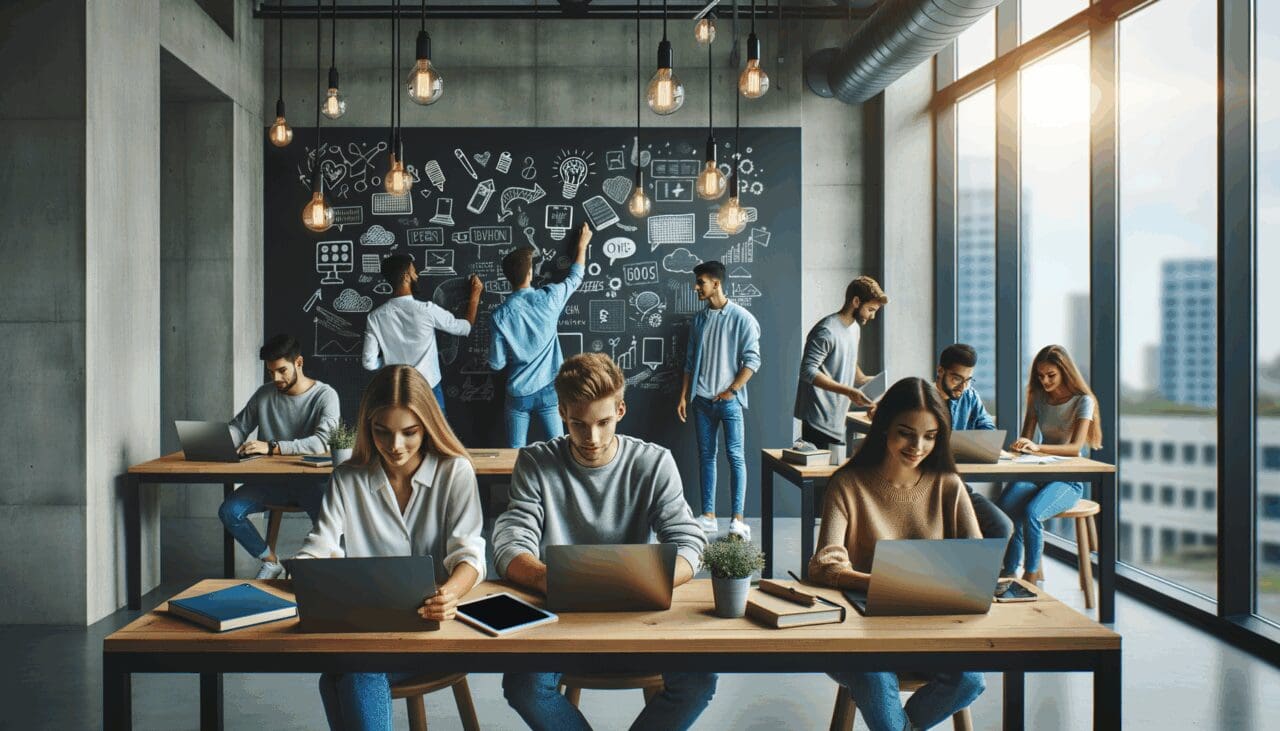 Personas jóvenes colaborando en un moderno espacio de coworking, laptops y pizarras con ideas, ambiente tecnológico y colaborativo.