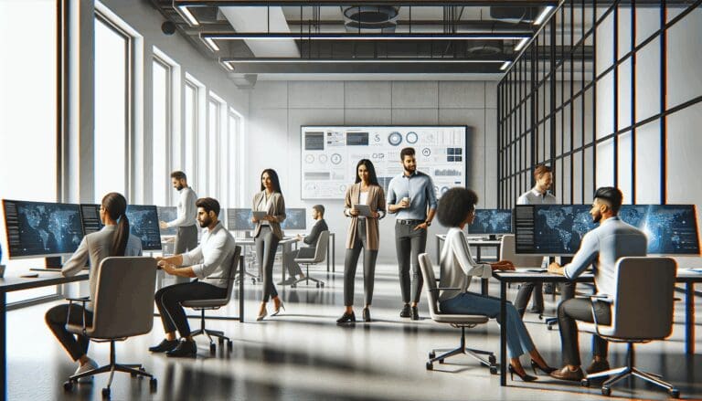 Oficina moderna con personas colaborando y pantallas mostrando datos digitales, ambiente tecnológico.