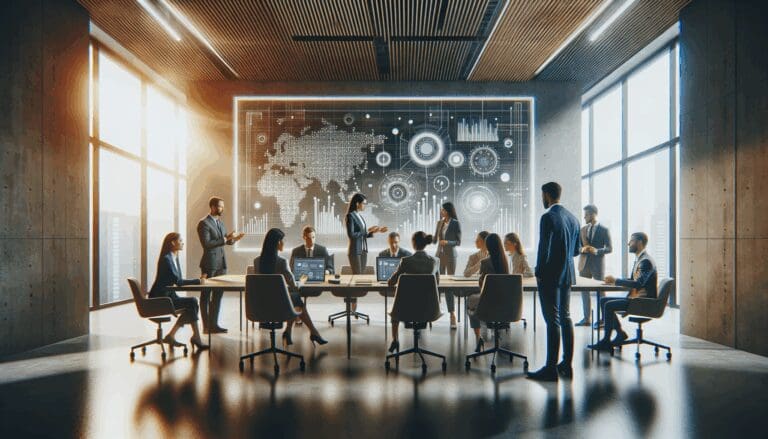 Personas colaborando en una sala de reuniones moderna frente a pantallas digitales abstractas, ambiente innovador y empresarial.