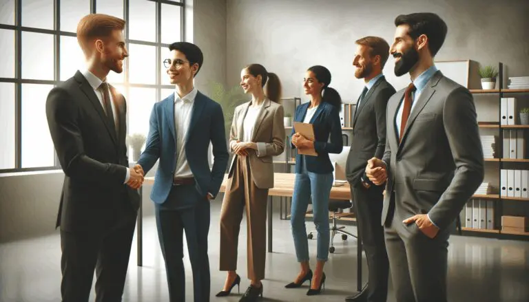 Emprendedores y líderes corporativos estrechando manos en un espacio moderno de coworking.