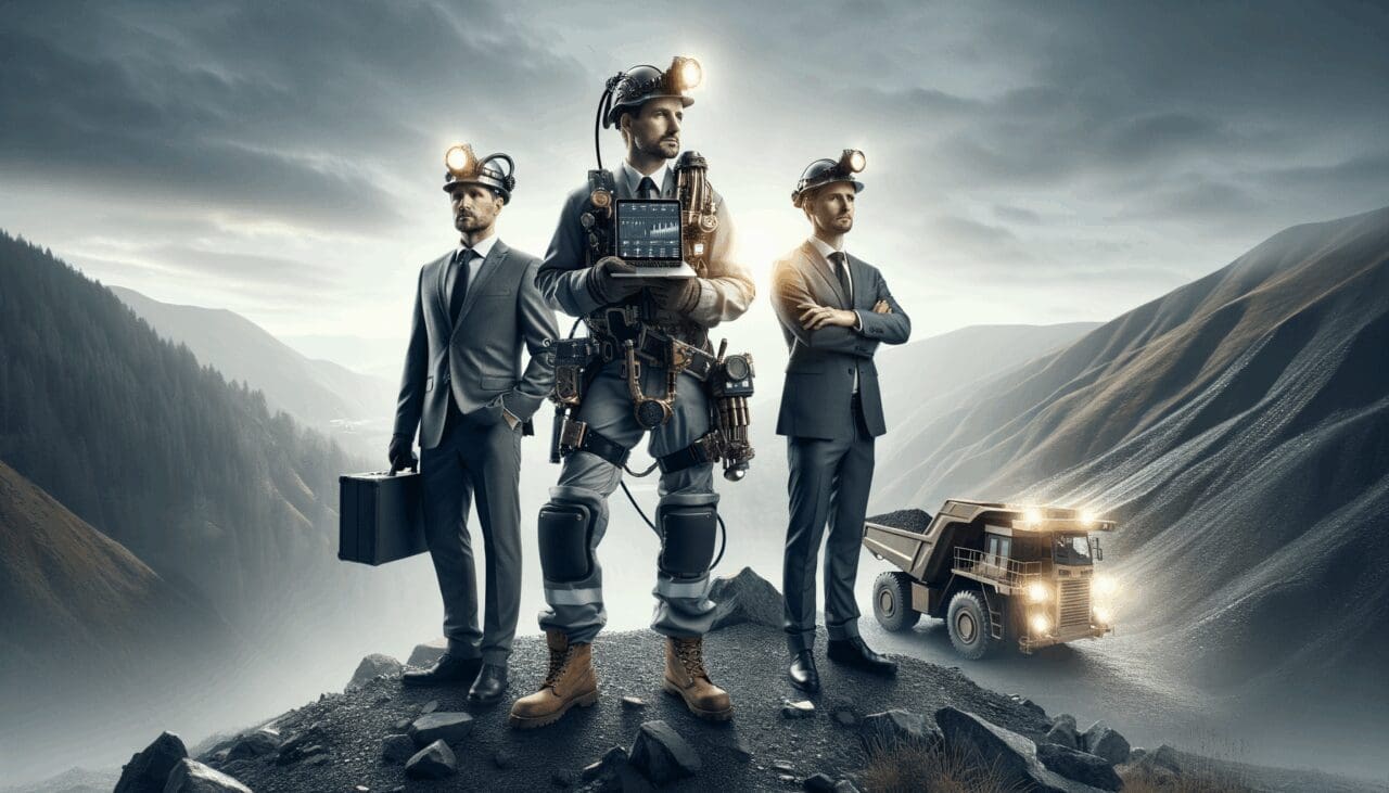 Trabajadores mineros con equipo tecnológico en un paisaje montañoso.