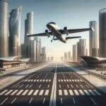 Render de un vehículo aéreo avanzado despegando desde una pista con fondo urbano moderno, cielo despejado y ambiente innovador.