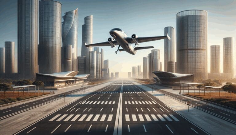 Render de un vehículo aéreo avanzado despegando desde una pista con fondo urbano moderno, cielo despejado y ambiente innovador.