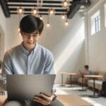 Persona joven revisando un ordenador portátil en un espacio de coworking luminoso y moderno.