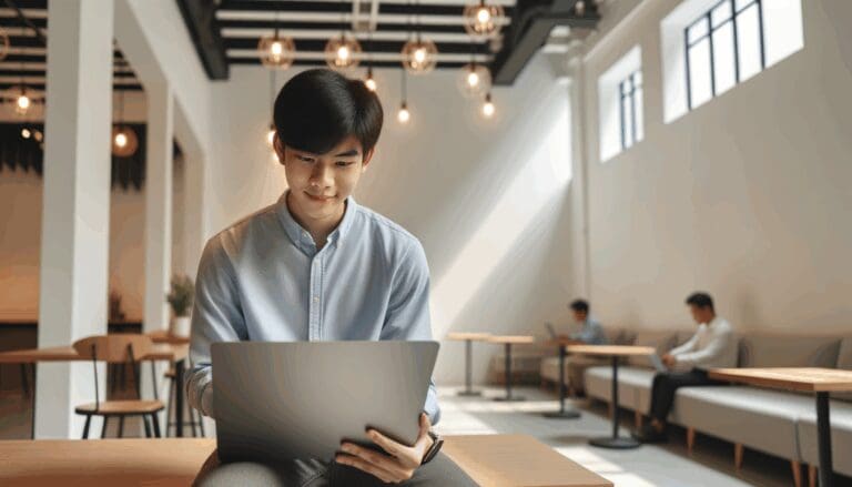Persona joven revisando un ordenador portátil en un espacio de coworking luminoso y moderno.