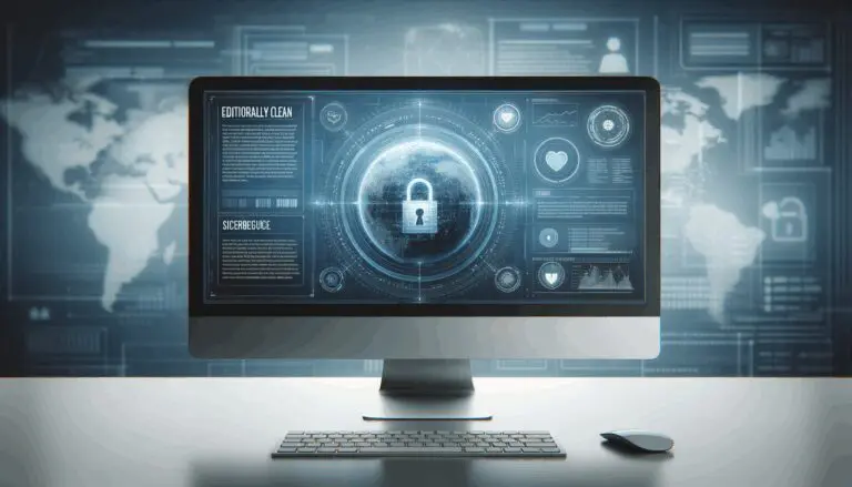 Pantalla de computadora mostrando una interfaz de ciberseguridad con un fondo digital.