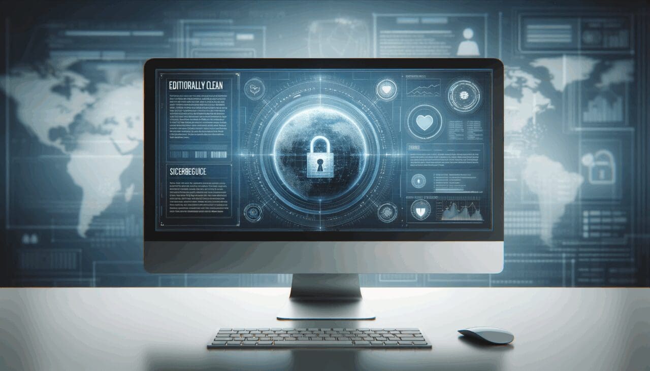 Pantalla de computadora mostrando una interfaz de ciberseguridad con un fondo digital.