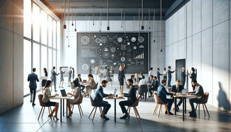 Sala moderna llena de emprendedores colaborando, con pizarras digitales al fondo y ambiente de networking.