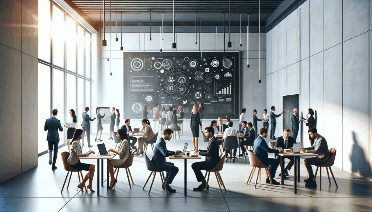 Sala moderna llena de emprendedores colaborando, con pizarras digitales al fondo y ambiente de networking.