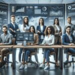 Equipo diverso trabajando juntos frente a pantallas con gráficos tecnológicos en una oficina contemporánea.