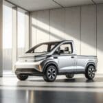 Camioneta eléctrica compacta en un entorno urbano minimalista, luz natural y fondo neutro.