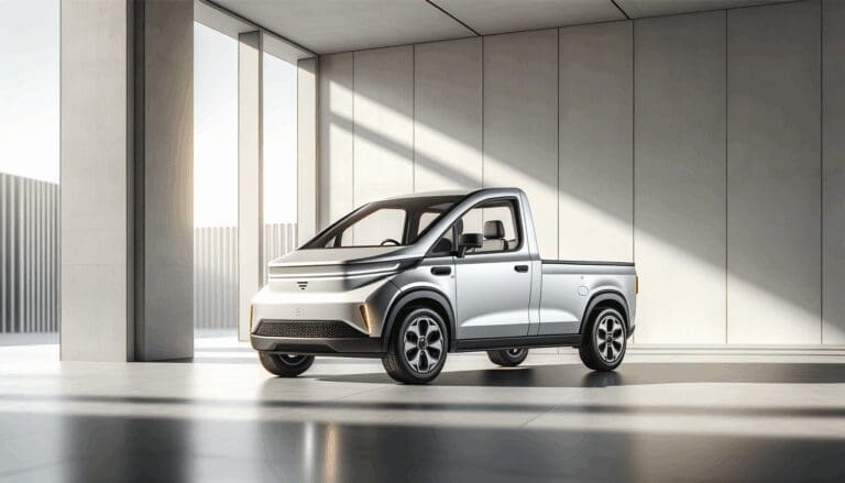 Camioneta eléctrica compacta en un entorno urbano minimalista, luz natural y fondo neutro.