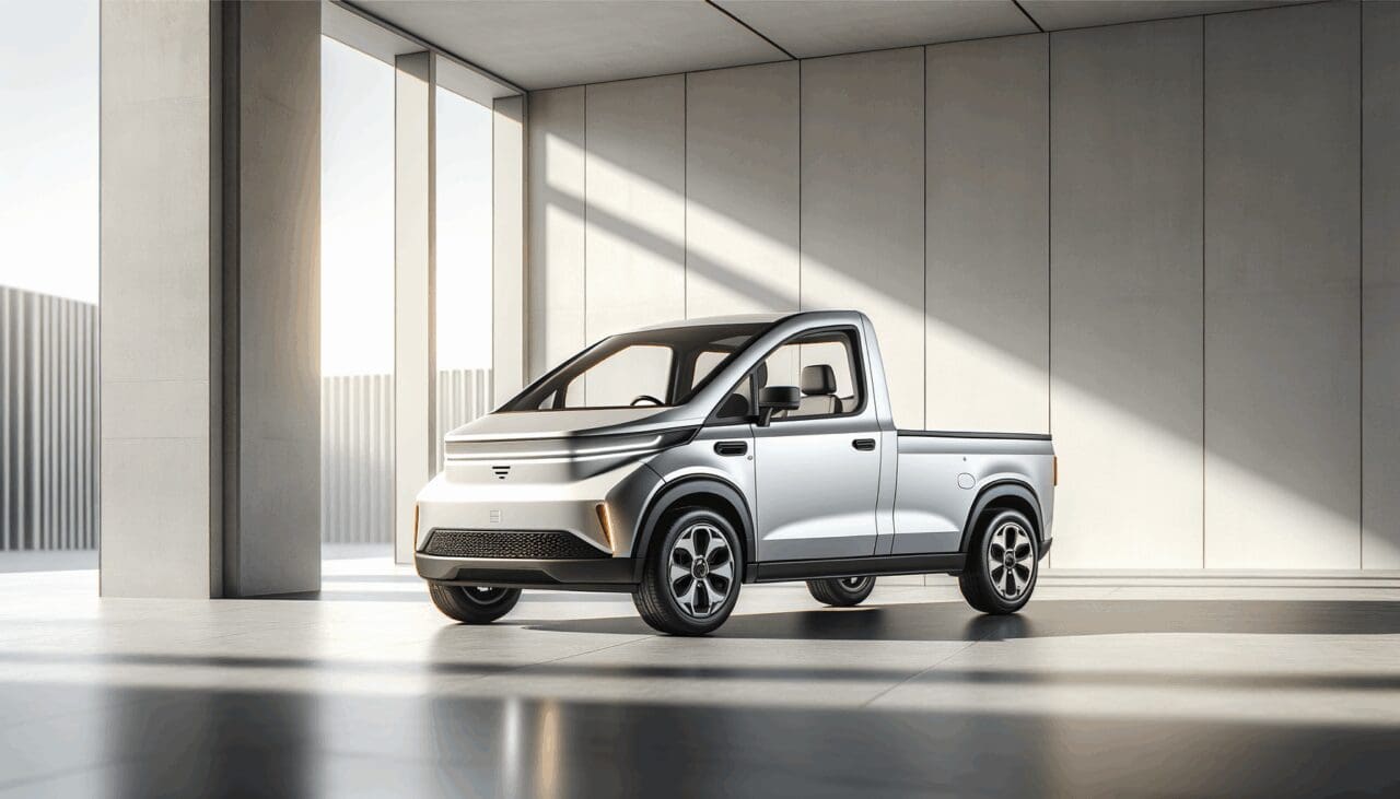 Camioneta eléctrica compacta en un entorno urbano minimalista, luz natural y fondo neutro.