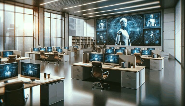 Oficinas modernas con computadoras y pantallas mostrando inteligencia artificial en acción, ambiente profesional y tecnológico.