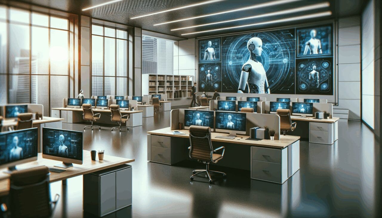 Oficinas modernas con computadoras y pantallas mostrando inteligencia artificial en acción, ambiente profesional y tecnológico.