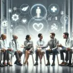 Emprendedores y médicos conversando en un espacio moderno de innovación, resaltando colaboración y tecnología en salud.