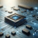 Primer plano de procesadores y circuitos sobre una superficie azul, sugiriendo tecnología e inteligencia artificial.