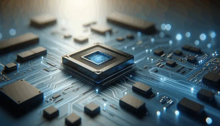 Primer plano de procesadores y circuitos sobre una superficie azul, sugiriendo tecnología e inteligencia artificial.