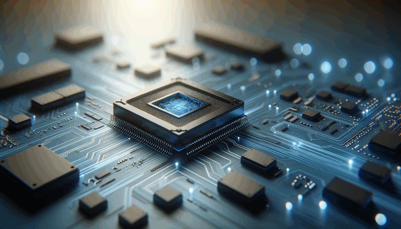 Primer plano de procesadores y circuitos sobre una superficie azul, sugiriendo tecnología e inteligencia artificial.
