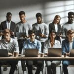 Equipo de jóvenes emprendedores reunidos frente a laptops en un entorno moderno y tecnológico.