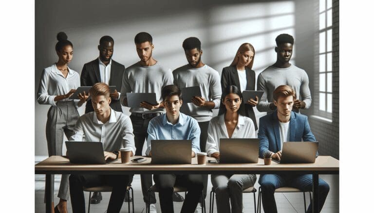 Equipo de jóvenes emprendedores reunidos frente a laptops en un entorno moderno y tecnológico.