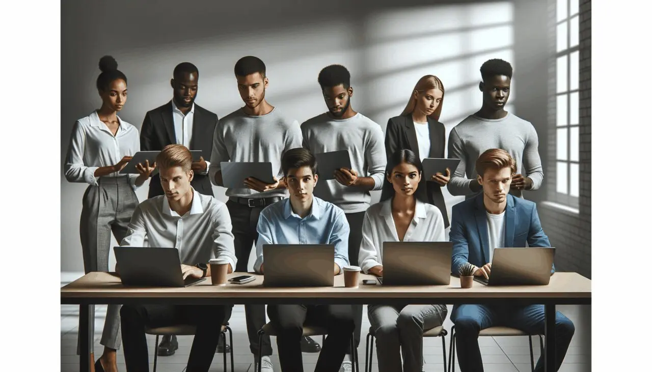 Equipo de jóvenes emprendedores reunidos frente a laptops en un entorno moderno y tecnológico.
