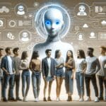 Ilustración conceptual de jóvenes interactuando con inteligencia artificial en un entorno digital seguro y moderno.